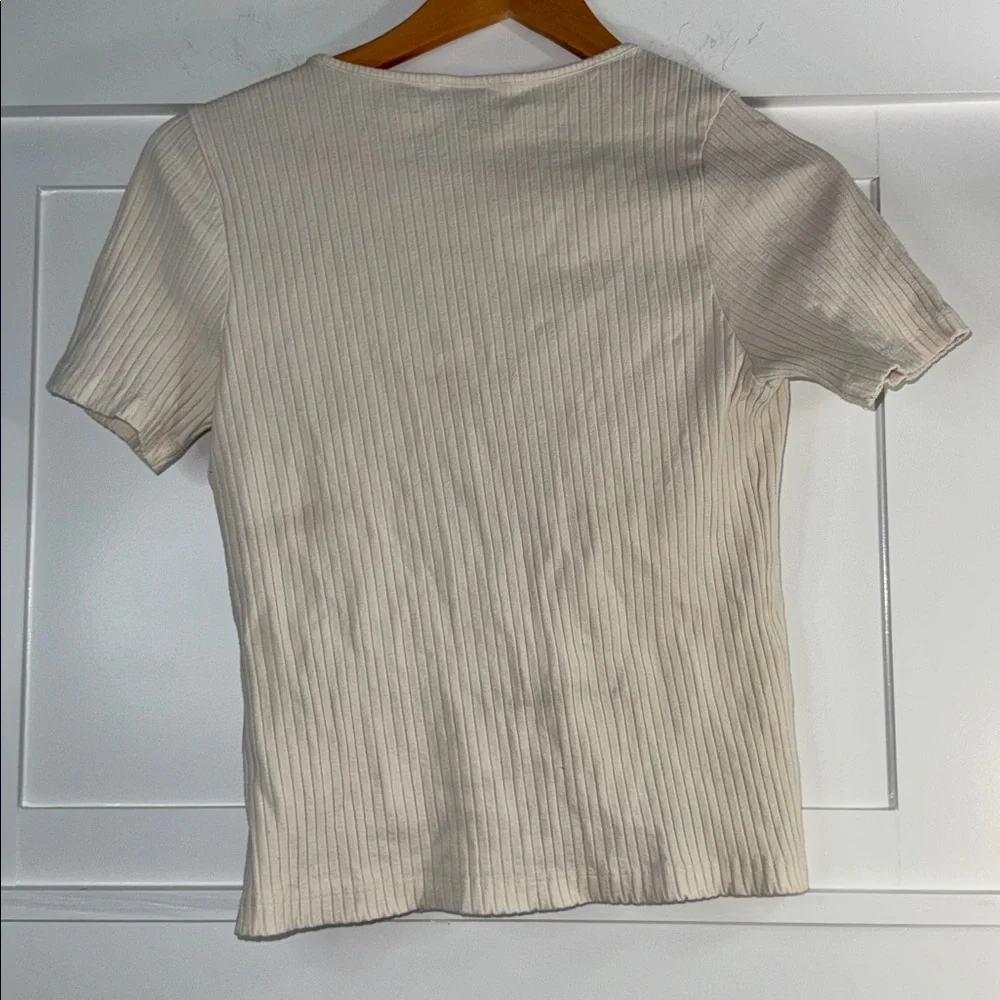 & Other Stories Cream Ribbed Tie-Front Short Sleeve Top - Picture 4 of 4